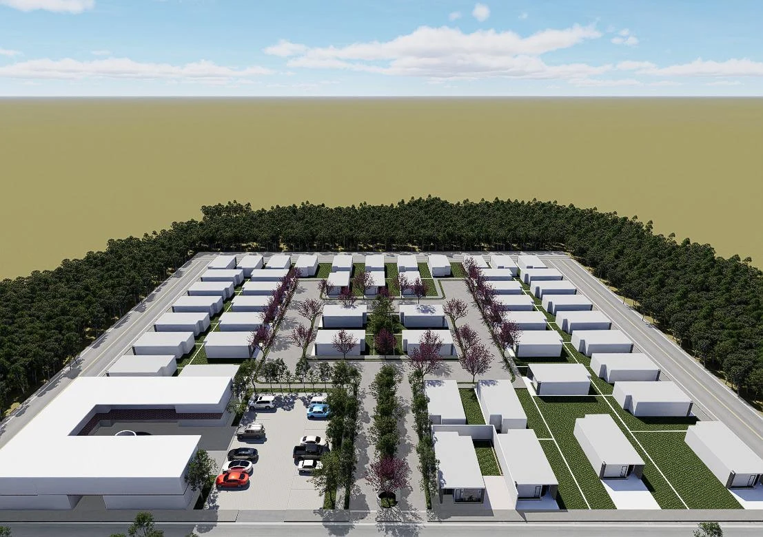 Perspectiva frontal del conjunto, plaza y acceso